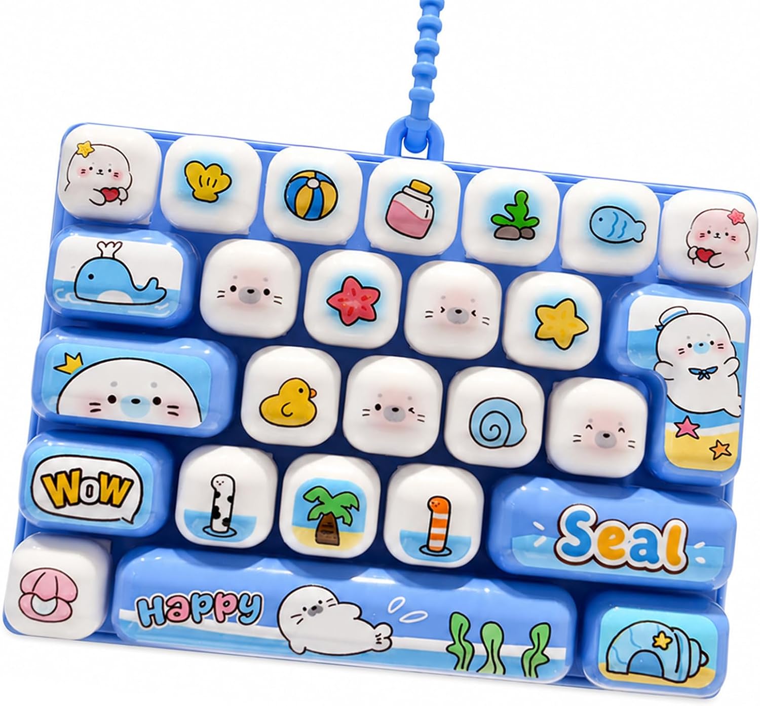 2027 New 26-Key Keyboard Fidget Toy, Cute Cartoon Clicky Keyboard Clicker Toy with Keychain, Backpack Charm Pendant for Stress Relief (Blue-f)
