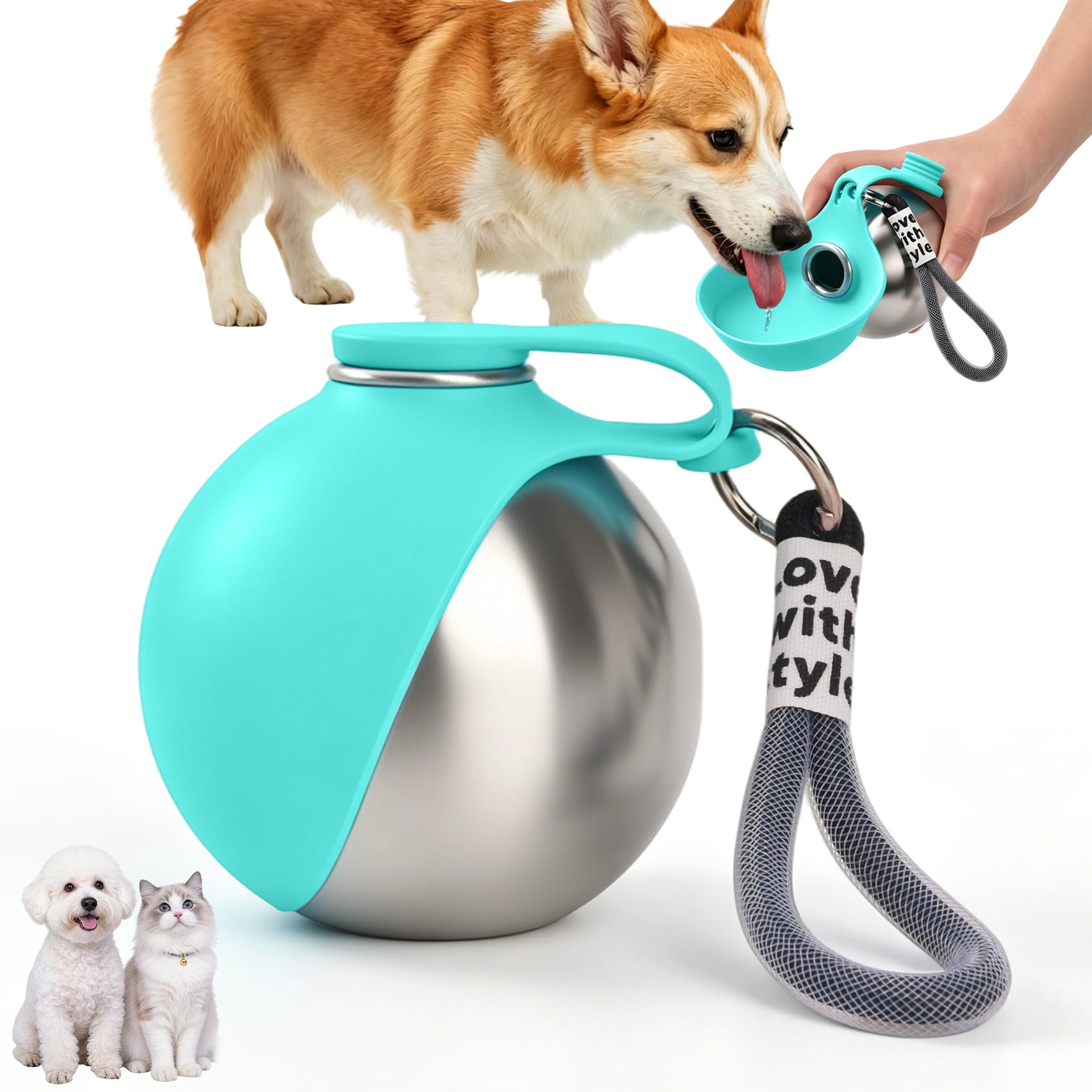 LTFIOON Borraccia per Cani Portatile, 285ml Bottiglia in Acciaio Inox per Cani, Borraccia Anti-perdite con Ciotola Pieghevole in Silicone, Borraccia da Viaggio per Dog per Passeggiate, Viaggi