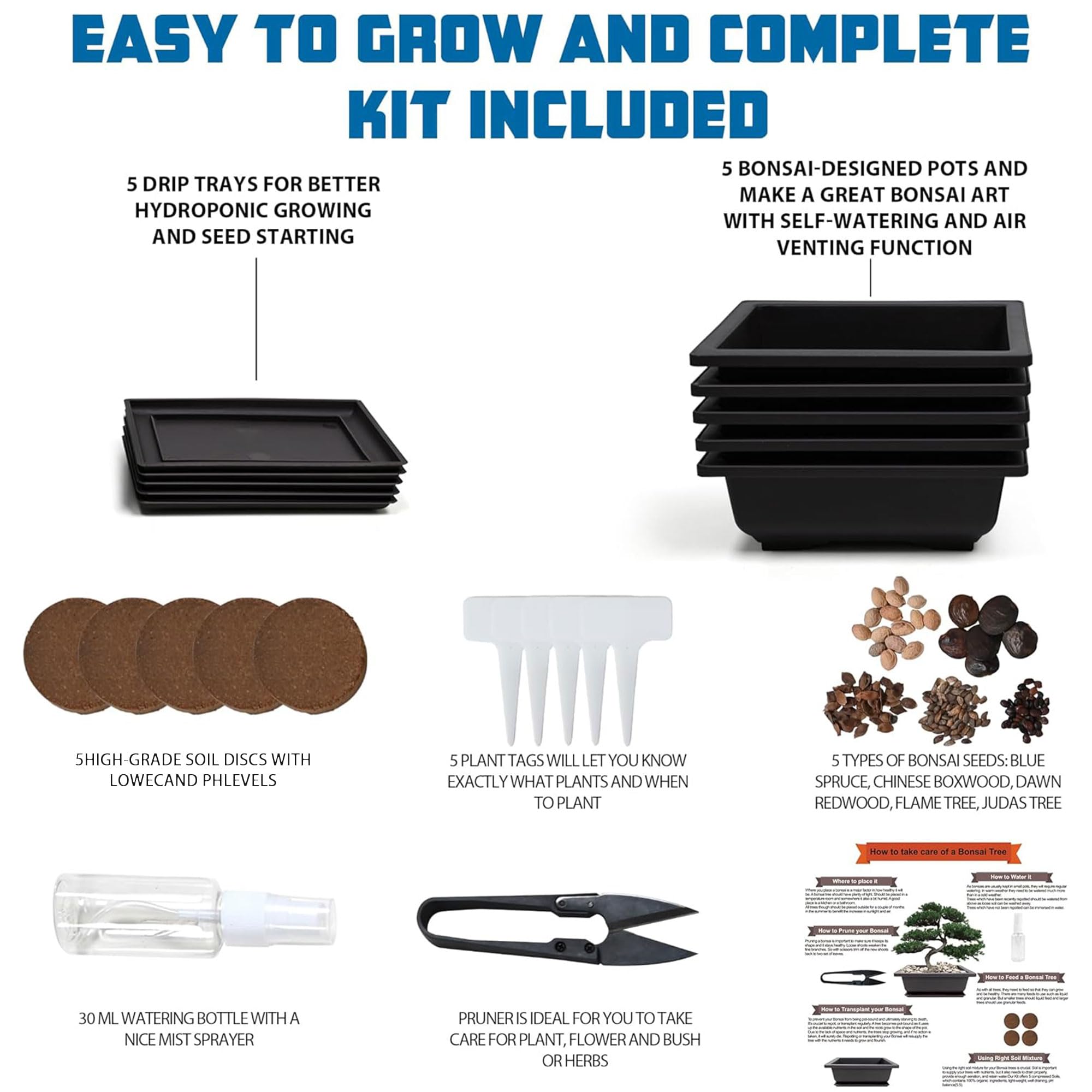 Starter kit per bonsai, 5 semi che crescono in abete blu, bosso cinese, sequoia alba, albero di fiamma e albero di Giuda, con attrezzi da giardinaggio completi con scatola regalo, regali di
