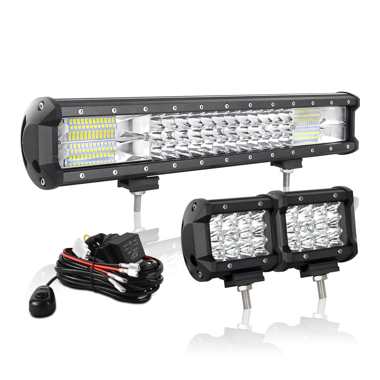 AUXTINGS 45 cm 252W LED Lichtleiste Spot Zusatzscheinwerfer Flutlicht+ 2x 10cm 36W Spot LED Arbeitsleuchte mit 2 Kabeln 12V Kabelbaum-Kit für JP Pickup Offroad Truck 4X4 ATV Bootsanhänger,wasserdicht