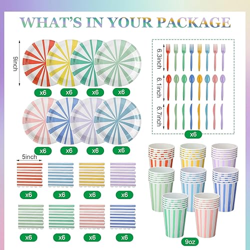 Miniatura 2 de Meanplan 288 piezas de suministros de fiesta a rayas pastel incluyen platos de papel de rayas de 9 pulgadas, servilletas de papel, vajilla