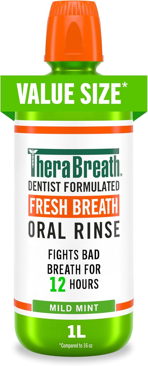 TheraBreath Fresh Breath Mouthwash, Mild Mint, 1 Liter | Dentist Formulated, Alcohol Free, Fights Bad Breath