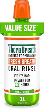 TheraBreath Fresh Breath Mouthwash, Mild Mint, 1 Liter | Dentist Formulated, Alcohol Free, Fights Bad Breath