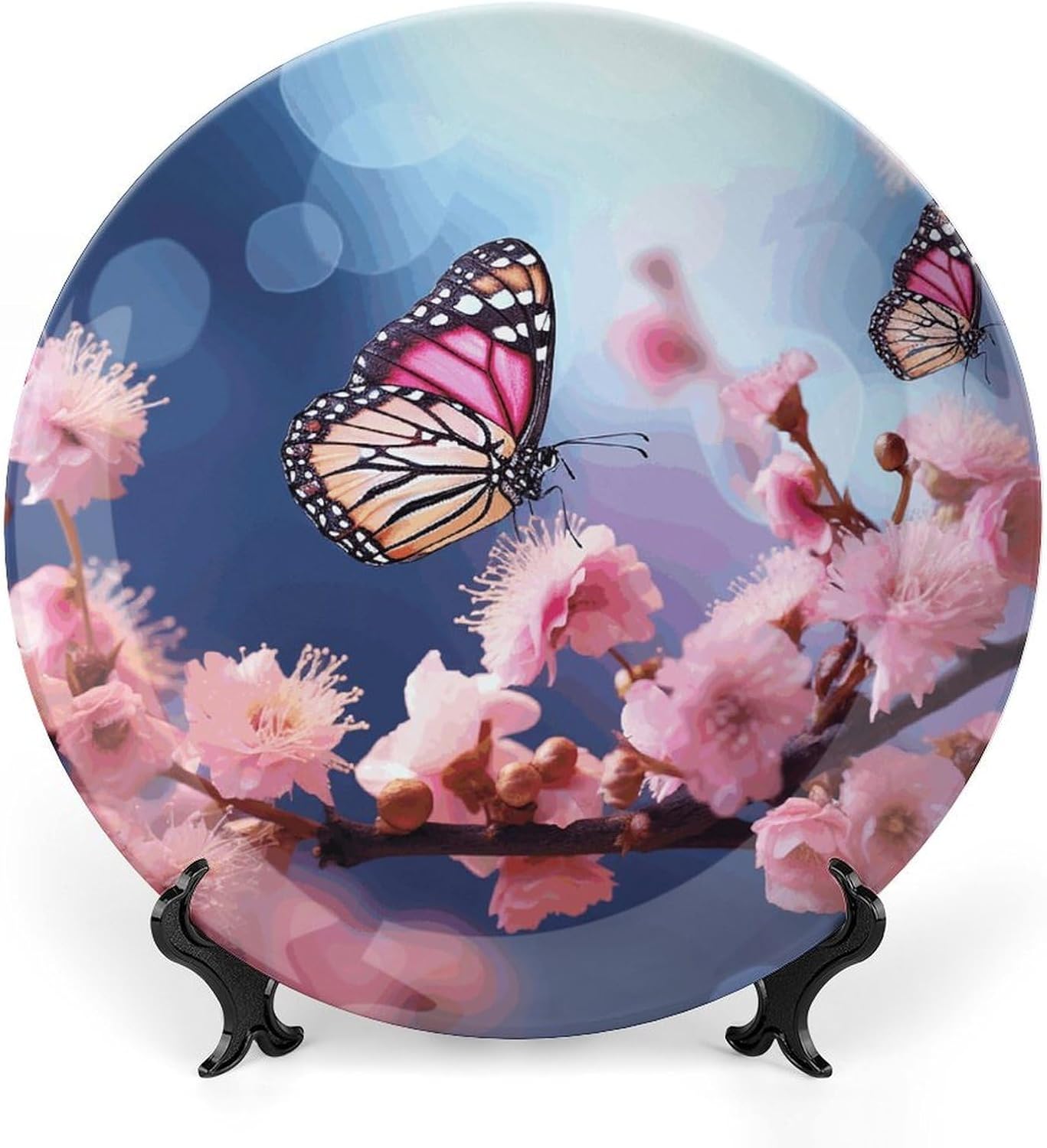 Pink Flowers Butterflies Decorative Plates for Display Round Porcelain Plate Living Room Table Ceramic Hanging Decorative Plate Art Decor for Living Room Table with 1 Display Stand 10inch