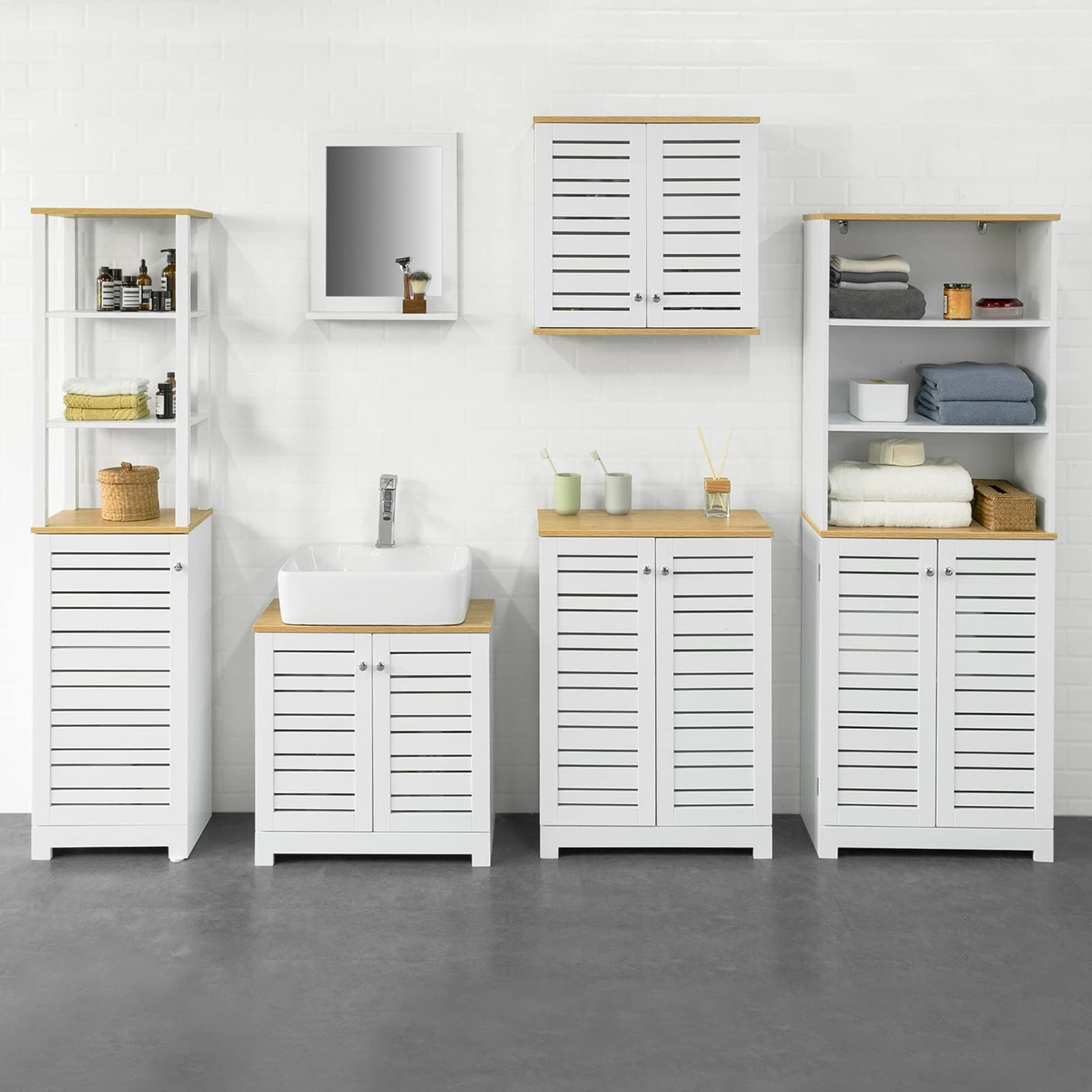 SoBuy Mobile Bagno Alto e Stretto Salvaspazio con Ripiani Aperti e Anta a Doghe – Colonna Bagno da Terra in MDF, Armadietto Moderno per WC o Lavanderia – Bianco/Naturale, 160x40x30 cm, BZR43-W