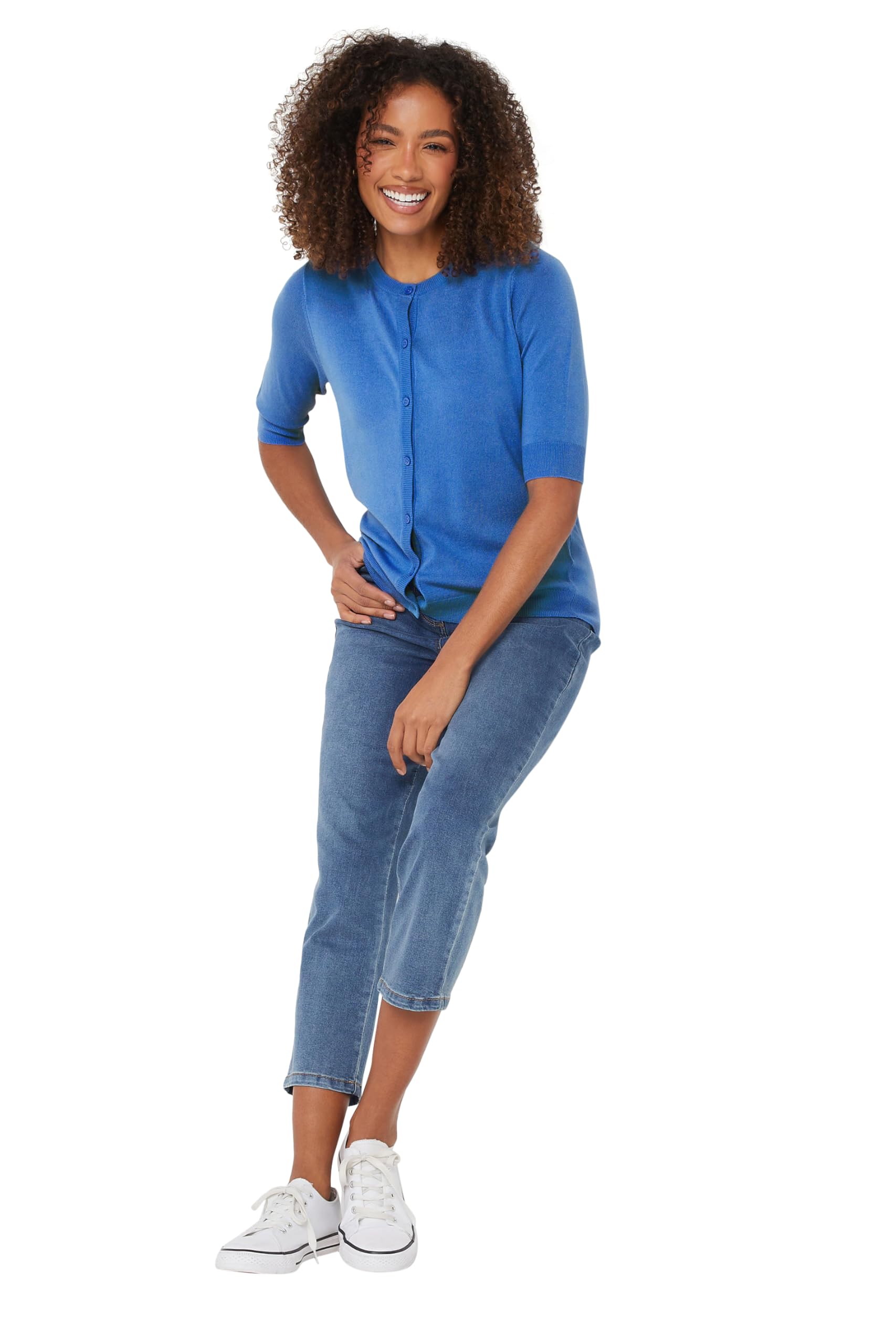 M&Co Button Through Short Sleeve Cardigan - Blue - Size 14-16