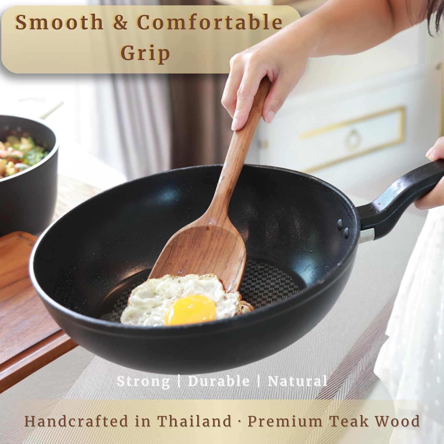 SarnThai Wooden Spatula Set of 2 – Solid & Slotted Teak Turners, Long Handle Wooden Cooking Utensils for Stir-Fry and Serving, Gentle on Cookware, Durable and Handmade by Thai Artisans - Image 7
