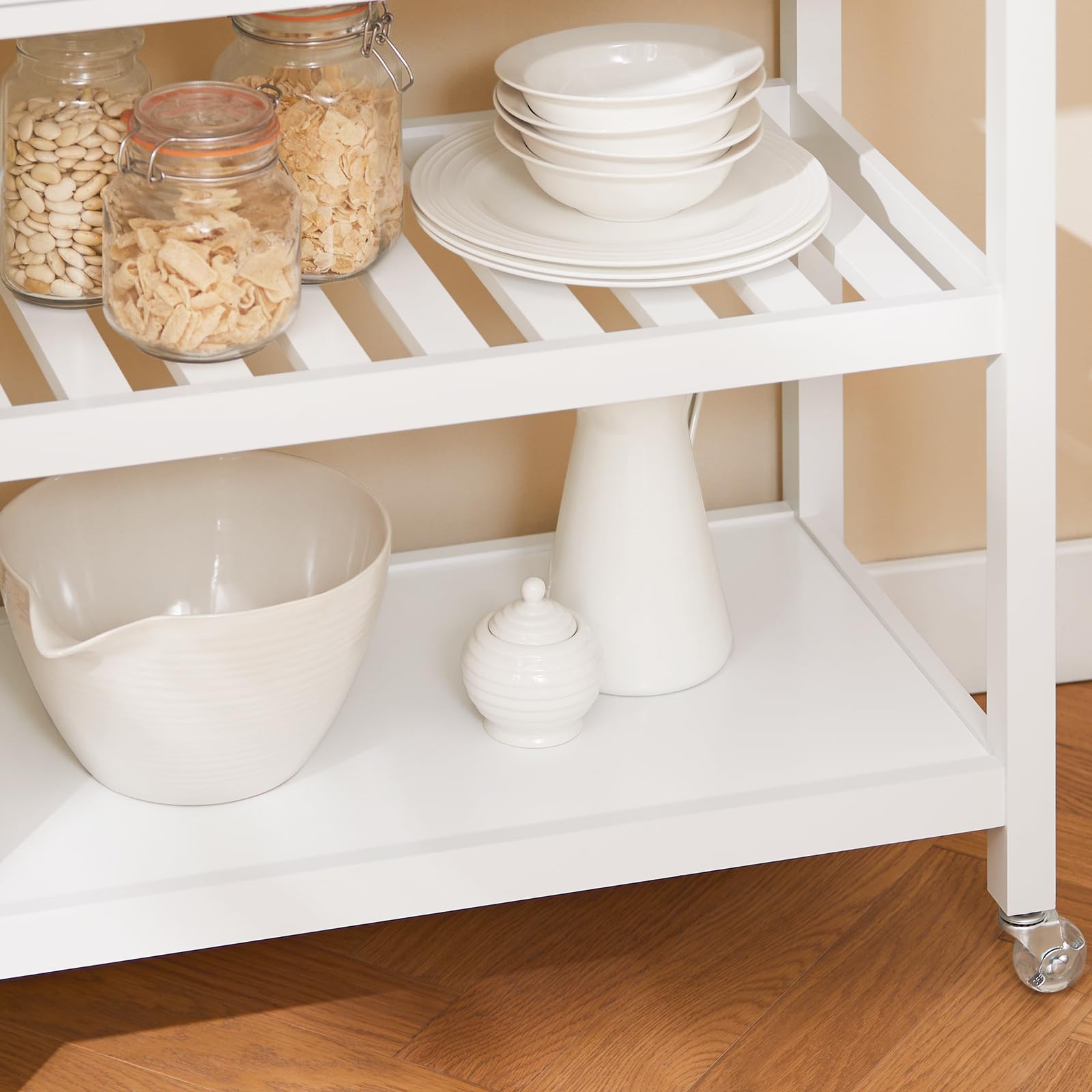 SoBuy Carrito de Cocina con Ruedas – Mesa Auxiliar con Encimera de Acero Inoxidable y Estantes Abiertos, Carrito de Servicio para Cocina, Hogar u Exterior, Blanco, 81x90x45cm FKW47-II-W