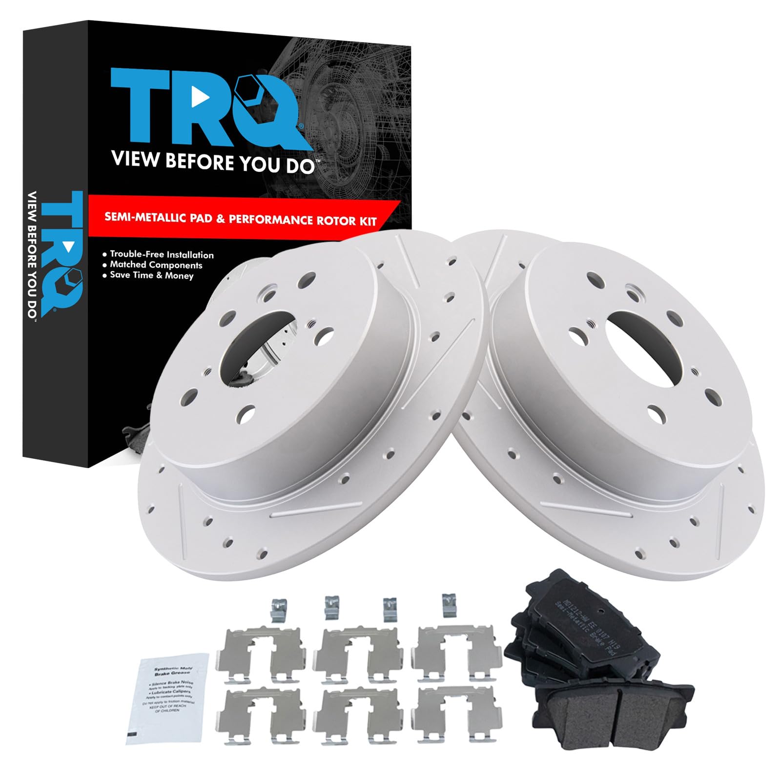 TRQ Performance Rear Brake Pad and Rotor Set Semi Metallic G Coated Rotors Compatible with 2018-2023 Toyota Camry