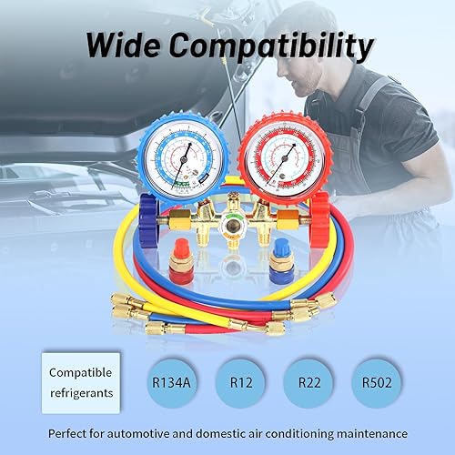 Miniatura 6 de PB Motor Tech - Juego de manómetros de diagnóstico de CA para refrigerantes R134A, R12, R22, R502, incluye mangueras de tres colores de 4 pies y 2