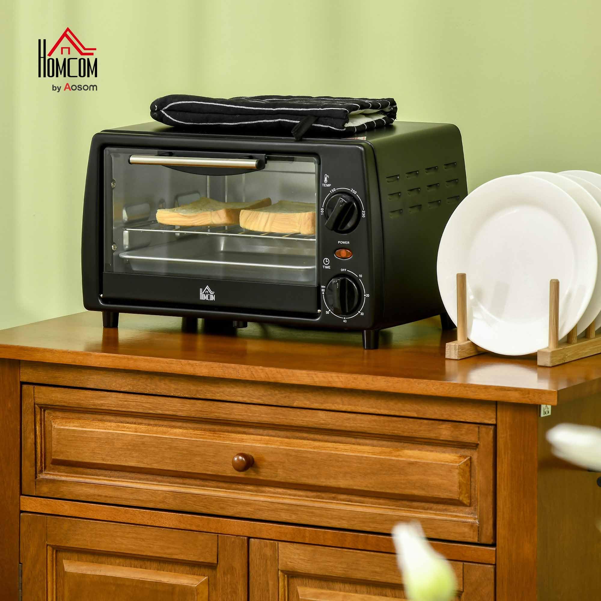 HOMCOM Mini Backofen 10 L 750W 100-230℃ 60 Min. Timer mit Backblech, Grillrost und Herausnehmbarer Bodenschale, Pizza-Ofen, Schwarz
