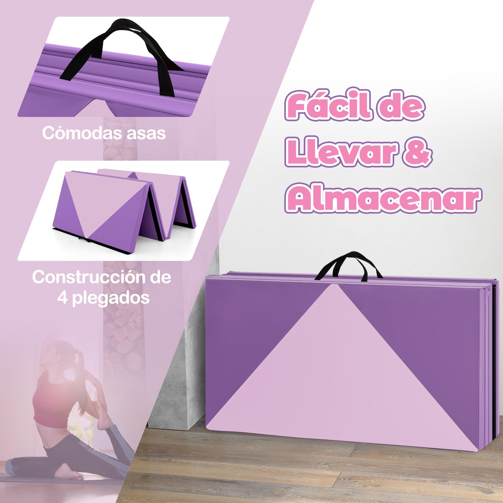 GOPLUS Colchoneta de Gimnasia Plegable, 240x117x5cm, Esterilla de Entrenamiento de Cuero Artificial con Asas de Transporte, Alfombra de Suelo para Fitness Yoga (Morado + Rosa Claro)
