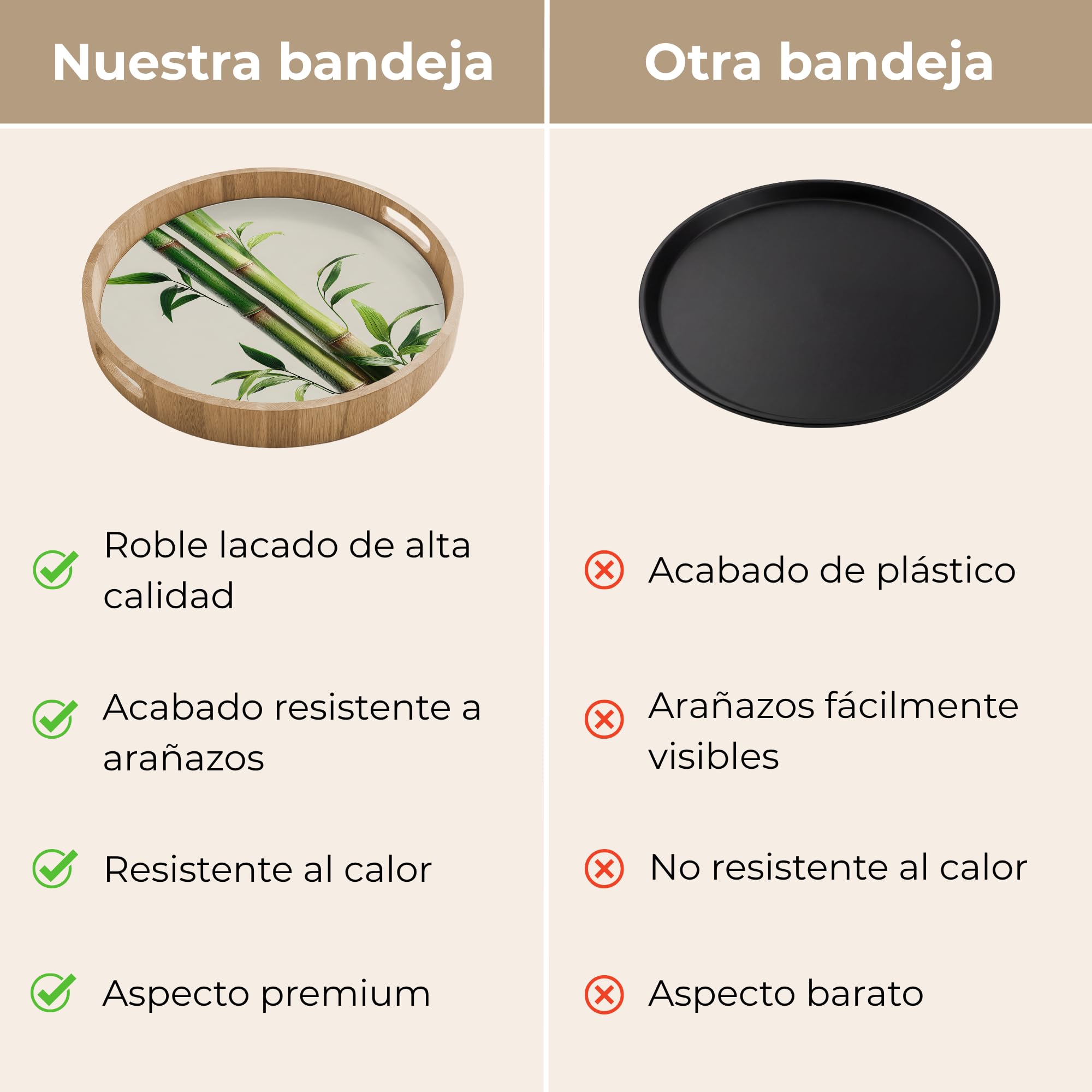 Bandeja Madera De Roble Redonda 40x40 cm Bandejas Desayuno para Servir Comida Cocina Resistente Al Calor Cafe Tray Tabuleiro Tallos bambú - Ornamental - Verde