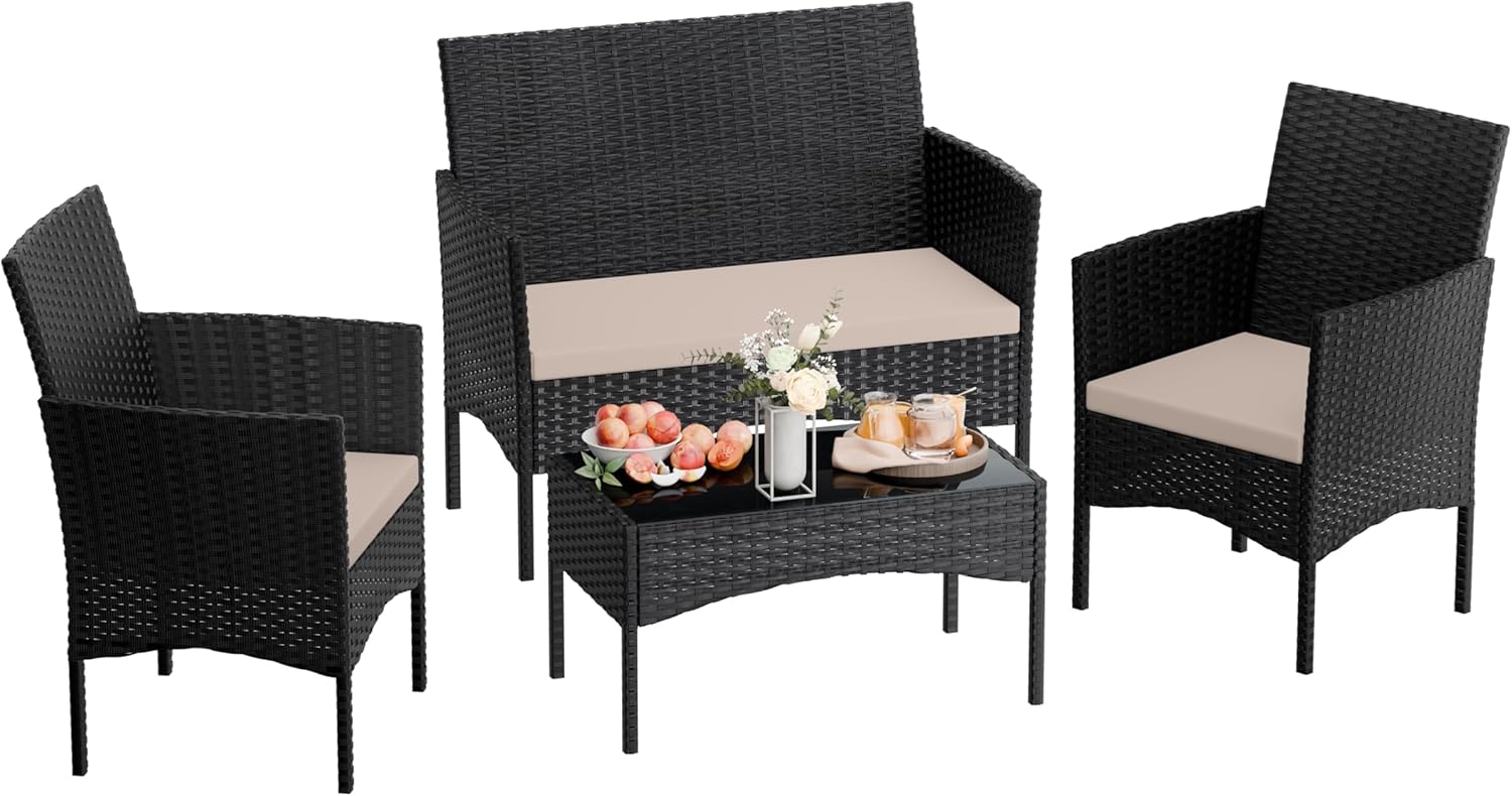 4 Pieces Patio Furniture Set Outdoor Conversation Set Rattan Furniture Set Wicker Chairs and Sofa with Glass Table for Porch Pool Backyard Garden Sand