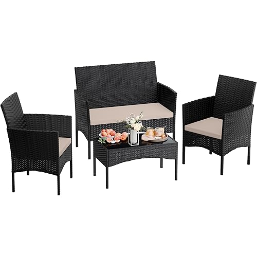 4 Pieces Patio Furniture Set Outdoor Conversation Set Rattan Furniture Set Wicker Chairs and Sofa with Glass Table for Porch Pool Backyard Garden Sand
