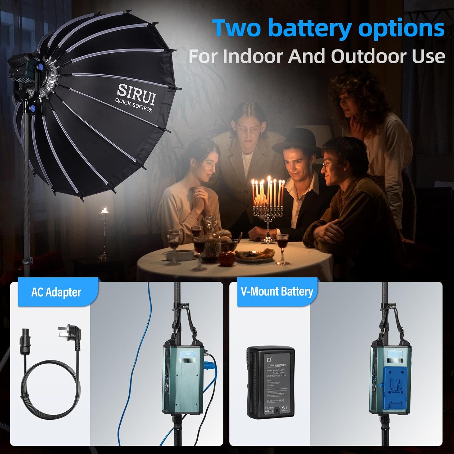SIRUI C300 LED light showing AC adapter and V-mount battery power options.