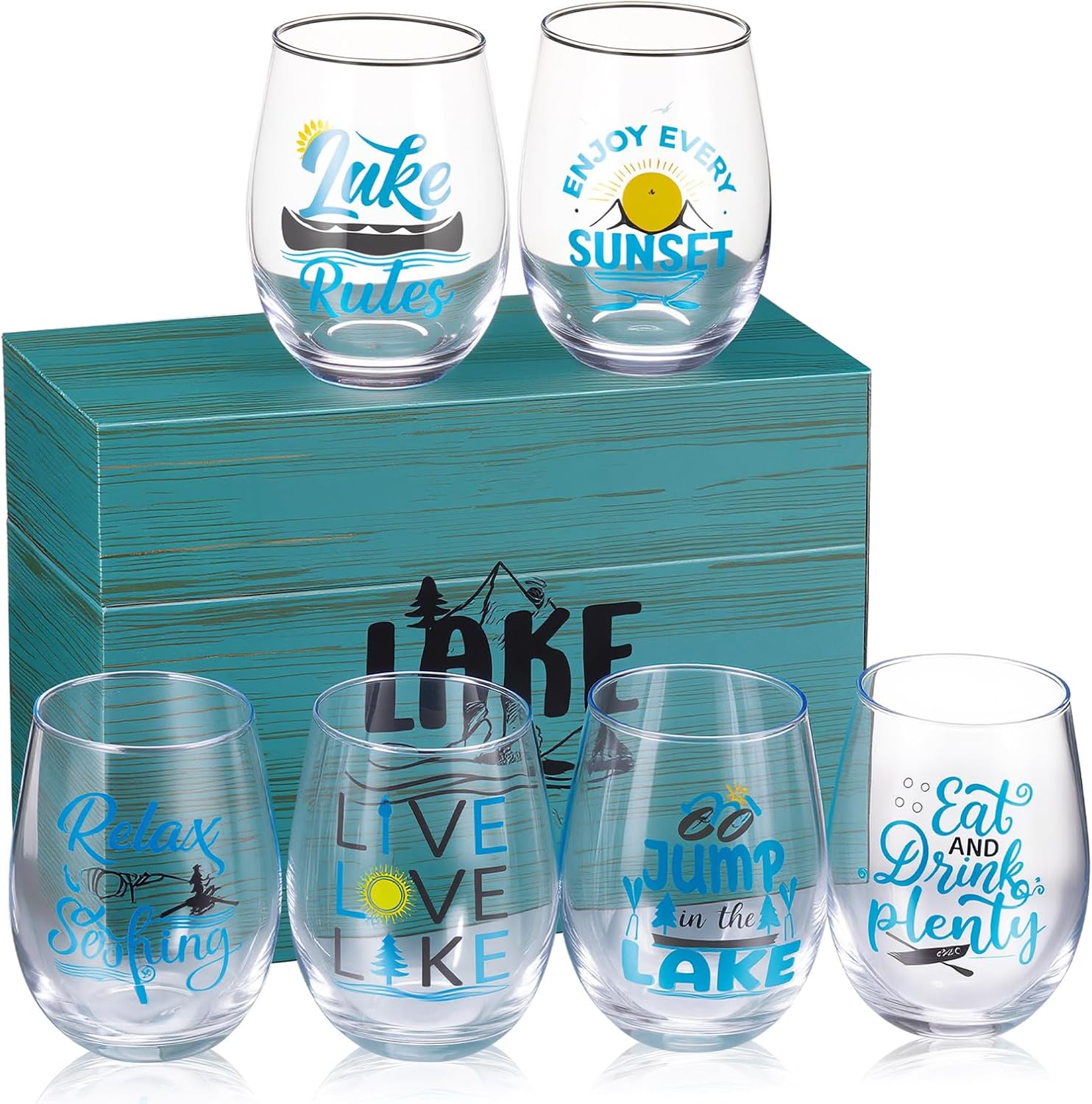 Qinyoung 7 Pcs Lake House Gifts 20 oz Lake Stemless Wine Glasses with Box Lakeside Inspired Boat Life Gifts
