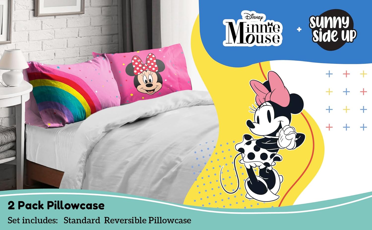 Sunny Side Up Disney Minnie Mouse 2 Pack Reversible Pillowcases - Double Sided Pillow Covers, Kids Super Soft Pink Bedding