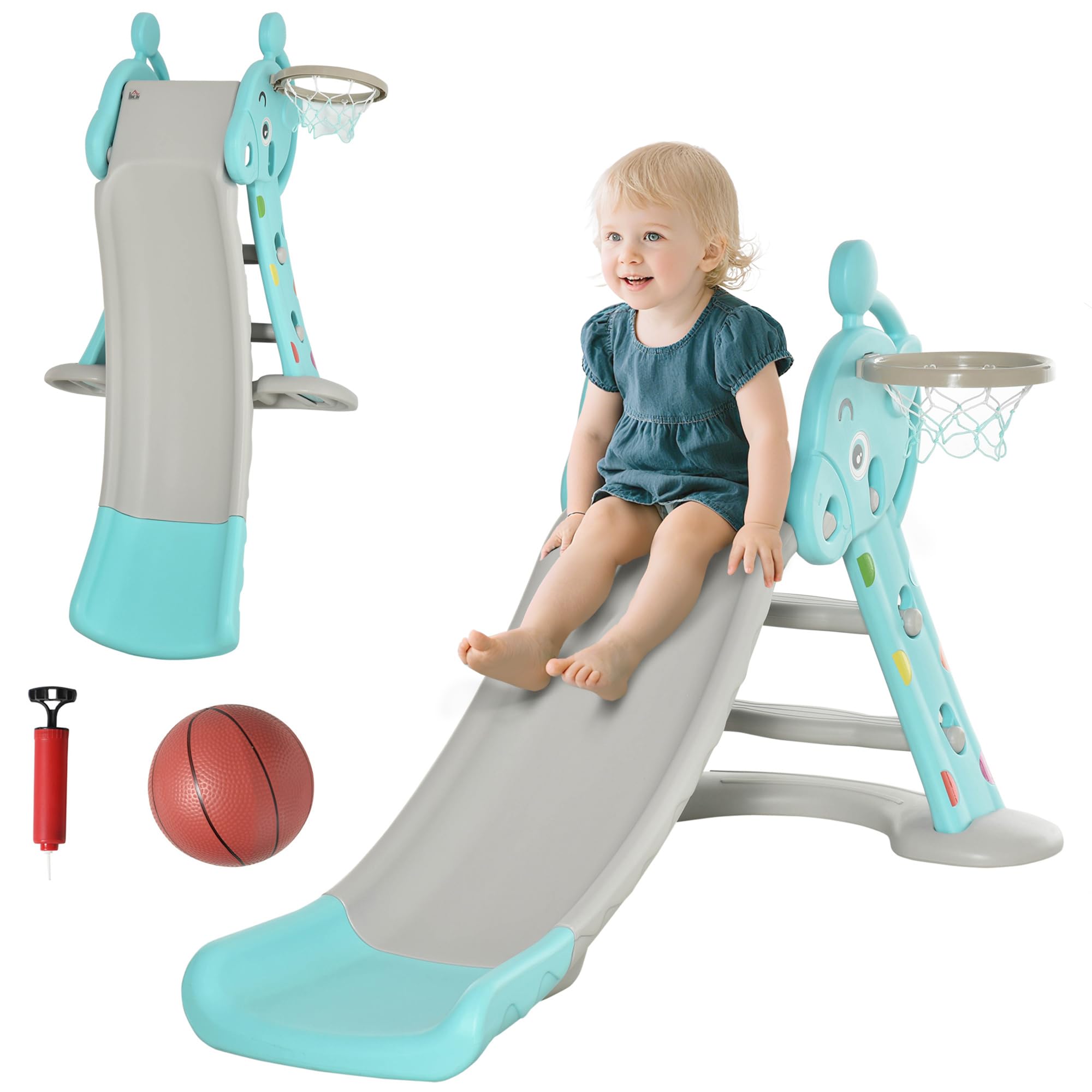 HOMCOM Tobogán para Niños +18 Meses Plegable 2 en 1 con Canasta de Baloncesto Modelo Jirafa Juguete Infantil para Interiores y Exteriores 147x82x85,5 cm Azul y Gris