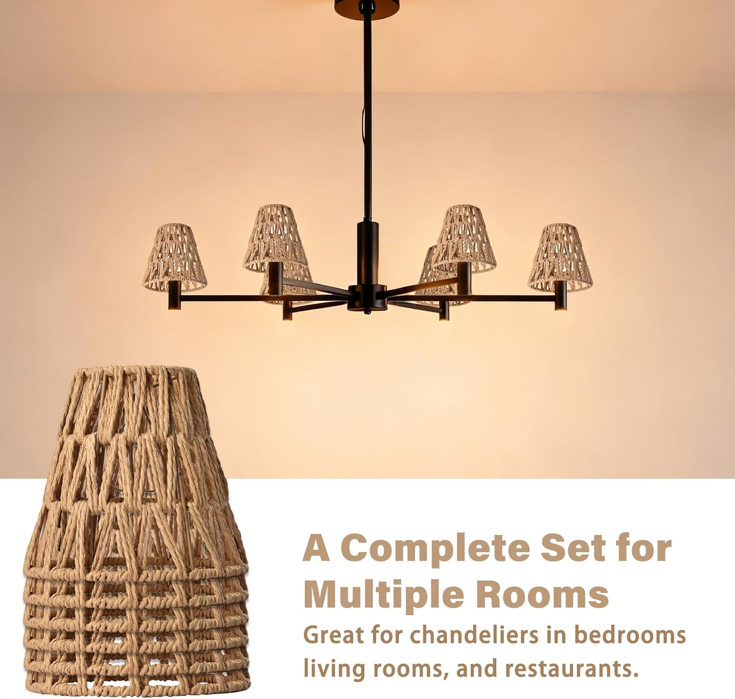 Chandelier Shades Set of 6 Clip-On, Handwoven Rattan Small Empire Lamp Shades 3.1" x 5.9" x 5.7" for E12 Candelabra Bulbs, Natural Hemp Rope Light Covers for Chandeliers, Wall Sconces, Table Lamps