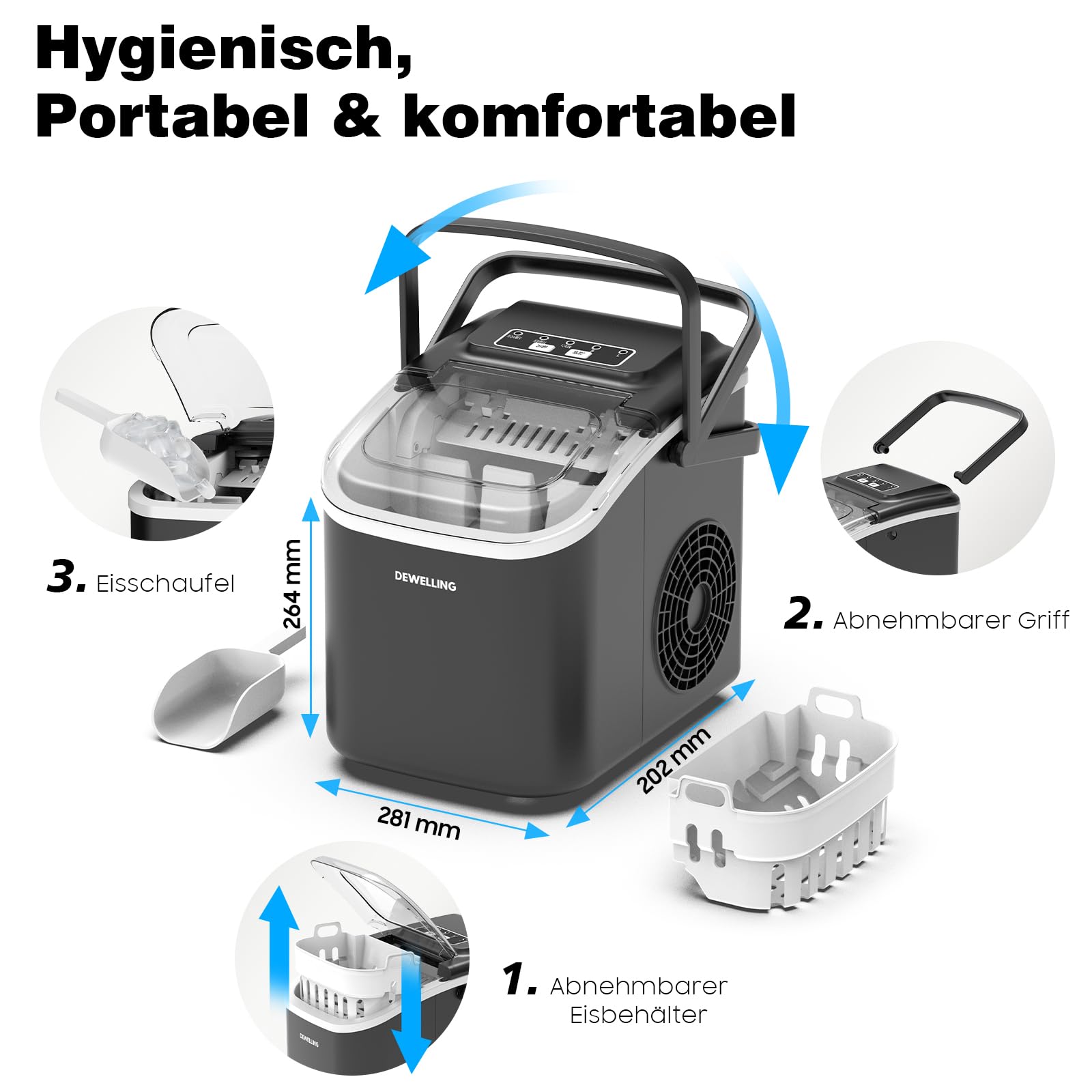 Máquina de cubitos de hielo – 8 cubitos de hielo en 6 minutos (12 kg/24 h), autolimpieza y silenciosa, 2 tamaños de cubitos de hielo, máquina de hielo portátil para cocina, fiesta, camping y
