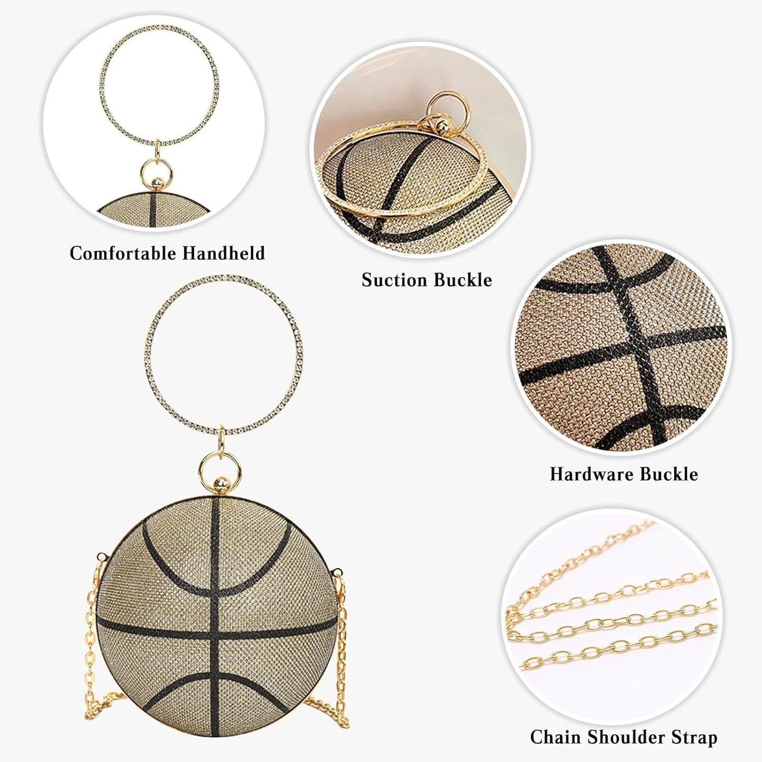Bridal Wedding Purse Rhinestones Handbag Basketball Shaped Crossbody Women Evening Round Ball Clutch Shoulder(Coffee)
