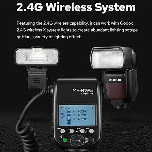 Miniatura 8 de Godox MF-R76C TTL Macro Ring Flash 76Ws HSS 2.4G inalámbrico GN14 CCT 5900K 550 Flash de potencia completa, 0.1-1s Tiempo de reciclaje Tubos de