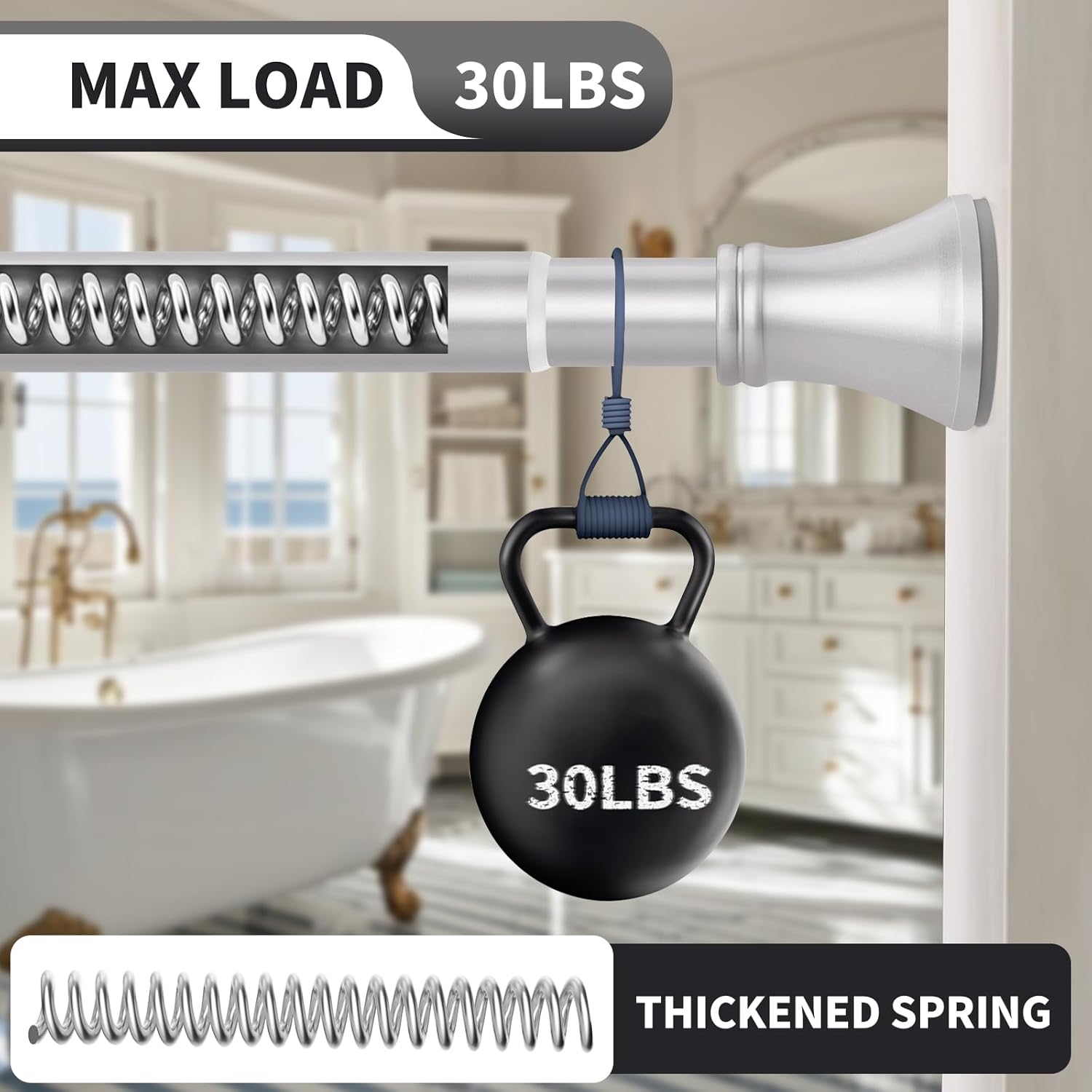 YNL Silver Shower Curtain Rod 36-68 Inch(3-5.67ft), No Slip No Drill Stainless Steel Spring Tension Curtain Rod, No Rust Shower Rod Adjustable For Bathroom closet