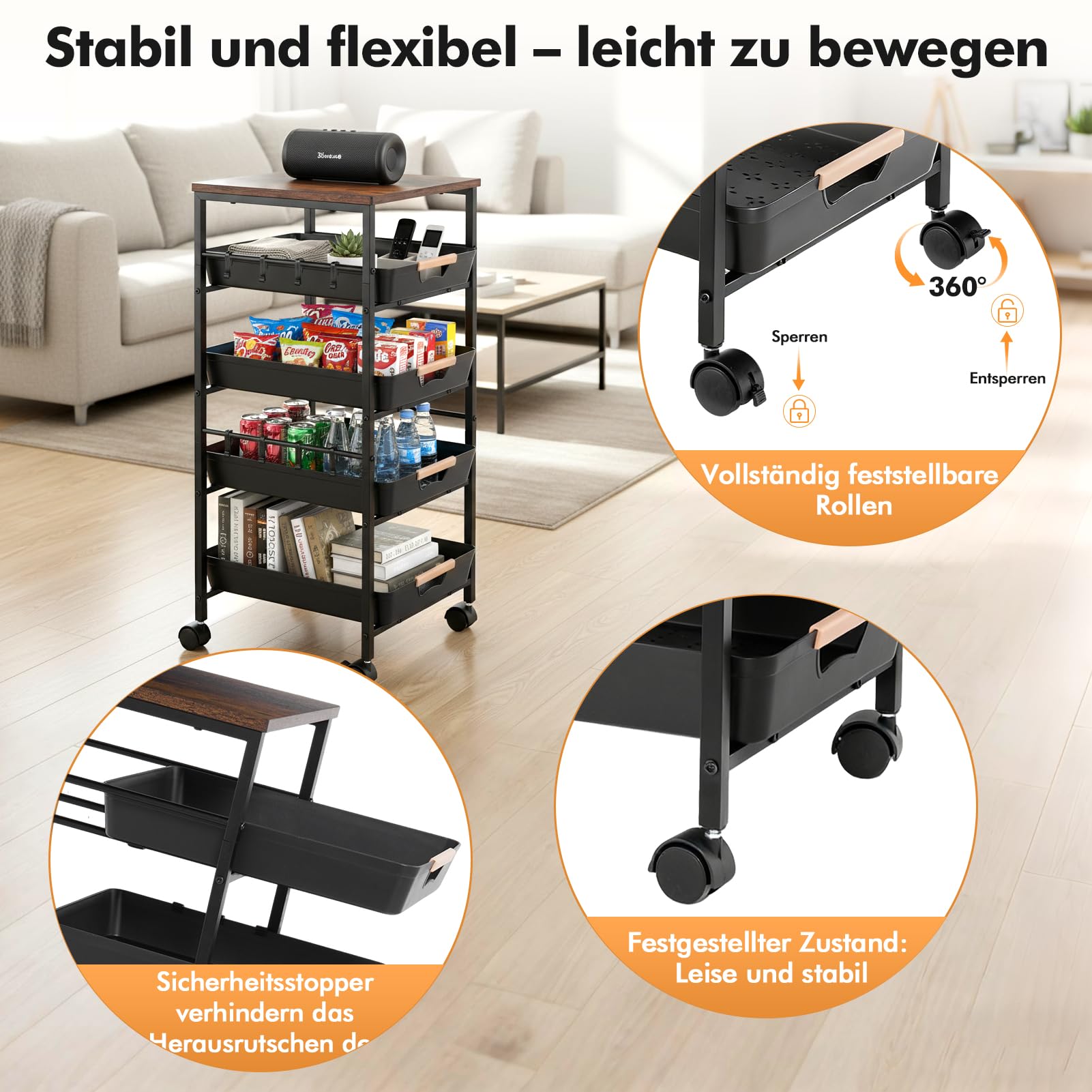 Rollwagen mit Schubladen 5-Stöckiger, Rollwagen Metall Küchenwagen auf Rollen, Aufbewahrungswagen aus Metall mit Holzplatte, Belüfteten Körben und Rollen, Snack-Organizer für Obst, Gemüse, Mikrowelle