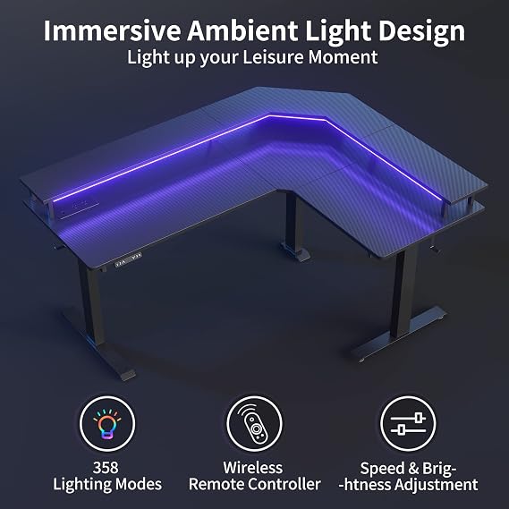 FEZIBO 63x49 L Shaped Standing Desk with LED Strip & Power Outlets, Height Adjustable Sit Stand Corner Computer Desk with Ergonomic Monitor Stand, Black Top/Black Frame