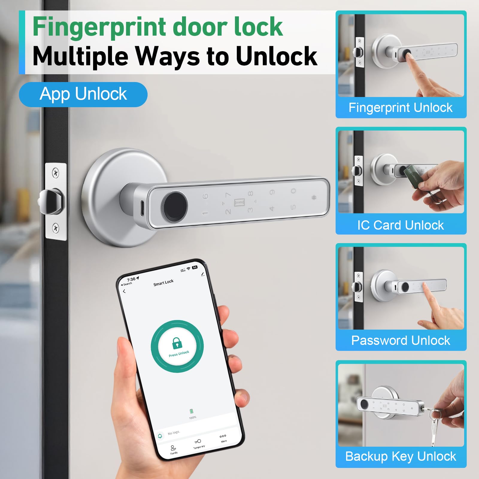 Serrure de porte électrique intelligente avec empreinte digitale, Smart Lock pour porte intérieure – Serrure électronique à empreinte digitale avec Bluetooth, mot de passe, application, carte IC et
