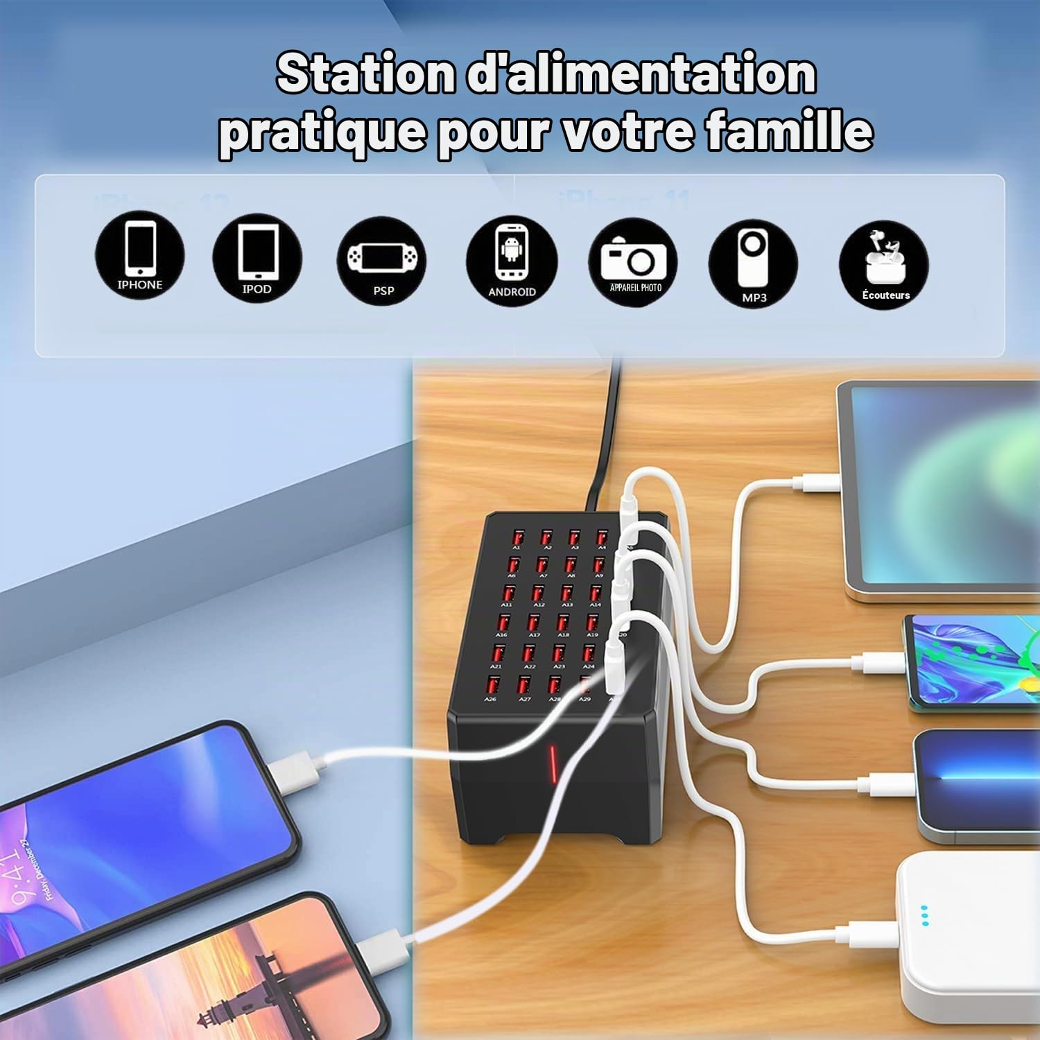 Station de Charge USB Balabaxer, 30 Ports 150W/30A, Station de Charge USB multiports pour Smartphones, tablettes et Autres appareils.