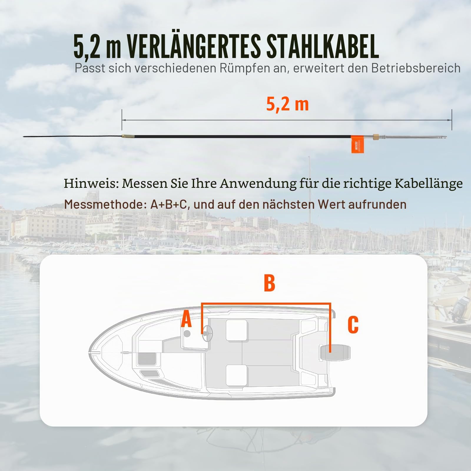 VEVOR Bootslenkkabel, 520 cm Außenbord-Marine-Drehlenkkabel, 500 kg Hohe Zugfestigkeit, Stahllenkradkabel, Kompatibel mit den Meisten Einzelstations-Außenbordsteuersystemen Schwarz