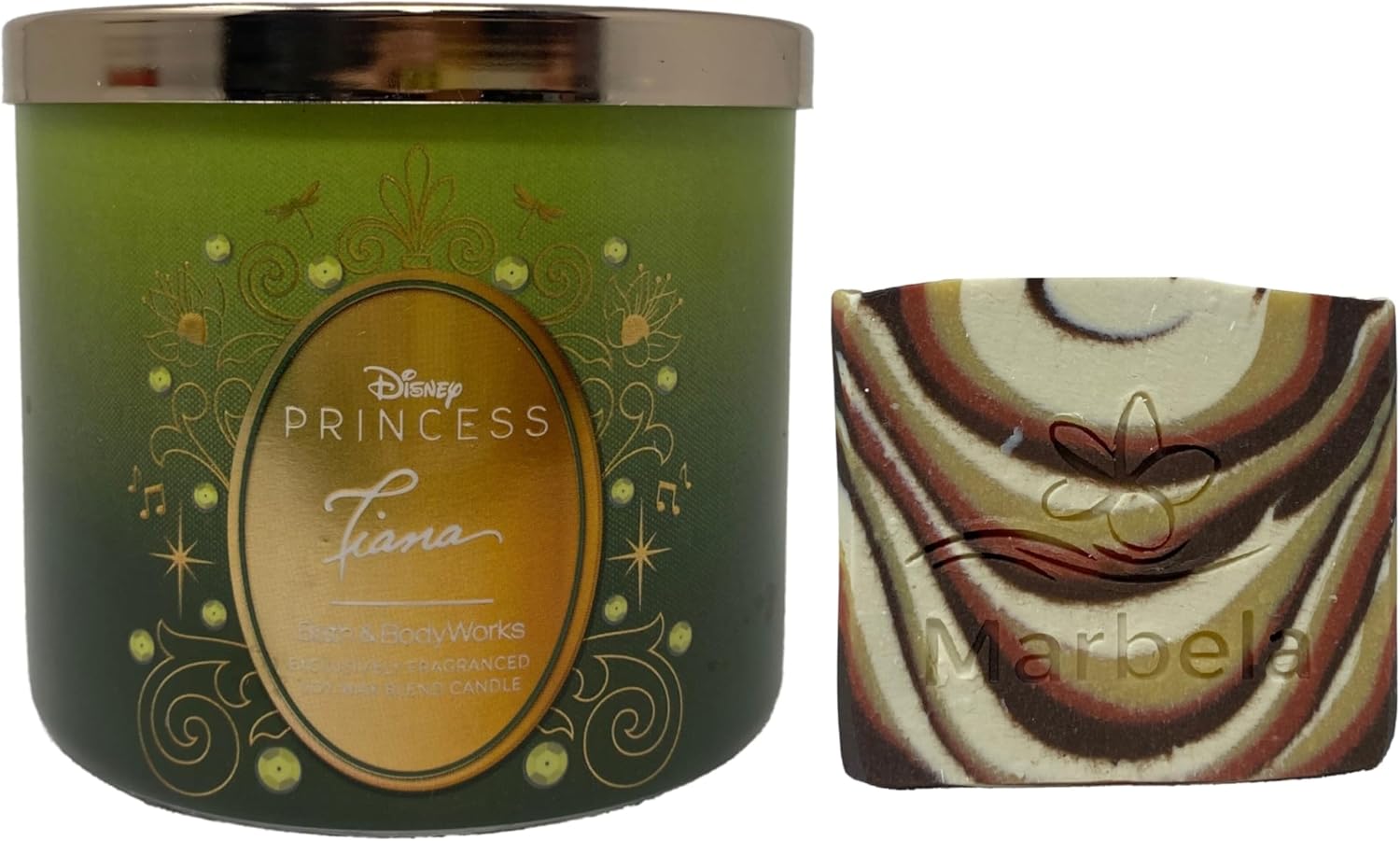 Bath & Body Works Limited Edition Princess Collection Tiana 3-Wick Candle with a Clay Baby Bar Soap.