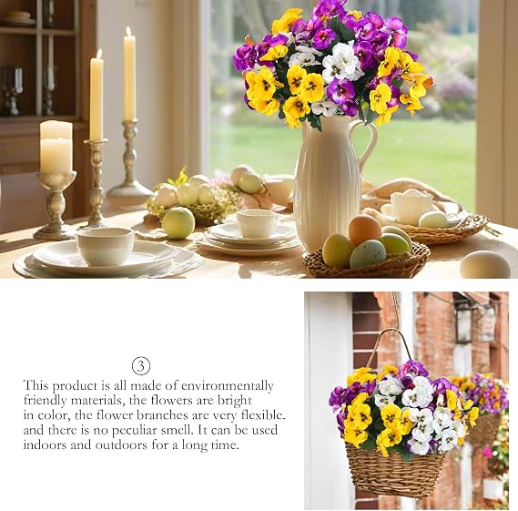 Hananona 24 Pcs Artificial Outdoor Flowers, Faux Silk Pansy Plants for Outside UV Resistant Spring Pansies Flower for Home Planter Porch Patio Yard Decor (24, Yellow, White, Purple)