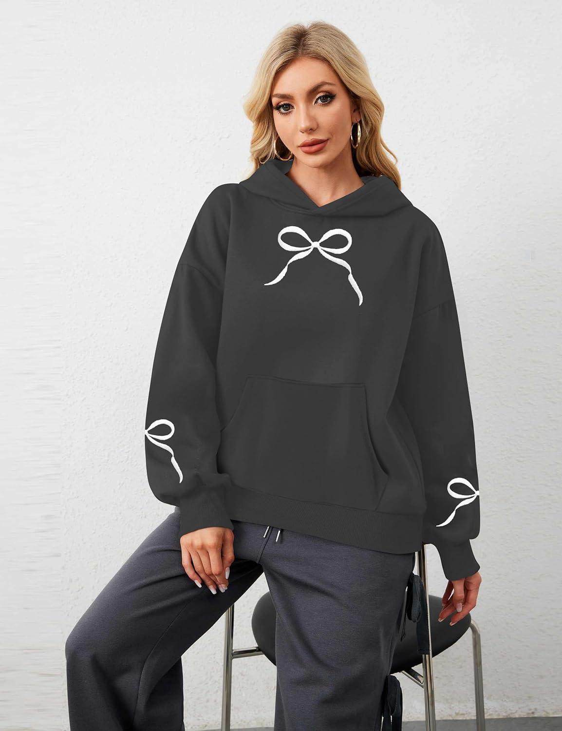 MAXIMGR Oversized Bow Hoodie Cute Clean Girl Embroidered Sweatshirts Coquette Preppy Sweater Y2k Pullover Top Teen Girls - Image 3