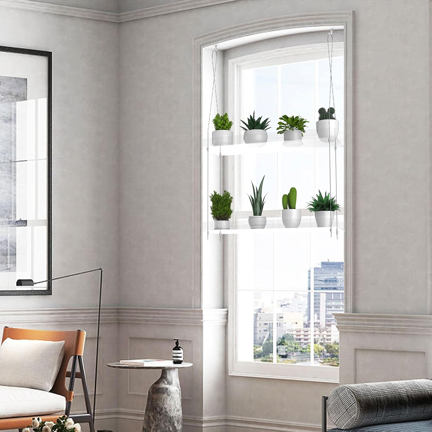 2-Tier Hanging Clear Plant Shelves for Windows, Acrylic Window Wall Plant Stand Shelf for Kitchen Indoor Gardens, Flower,Herb, Seedling Organization, and Pots Display, 16 Inch per Tier