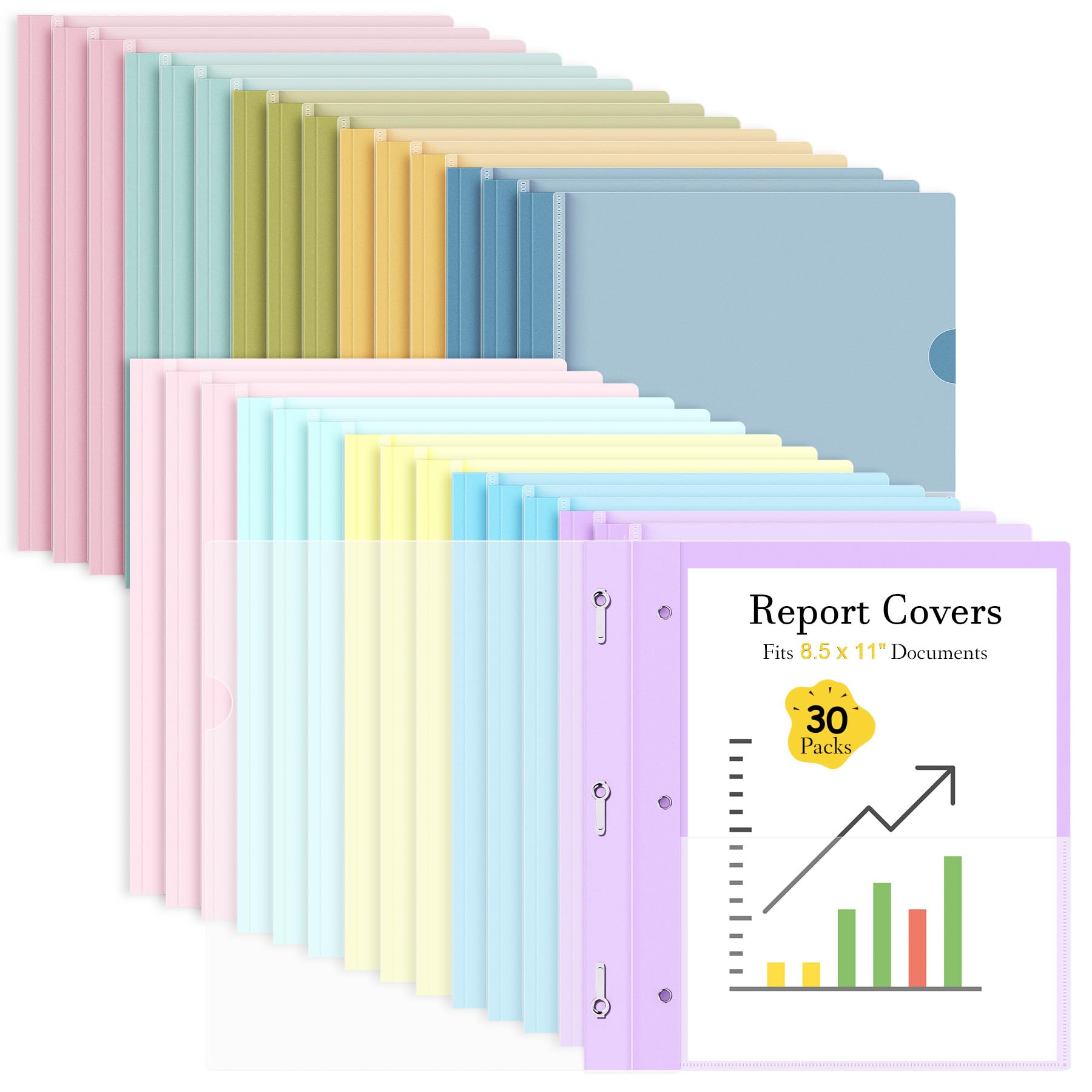 Ndsox 30 Pack Plastic Report Covers with 3-Prong Fasteners for Letter Size
