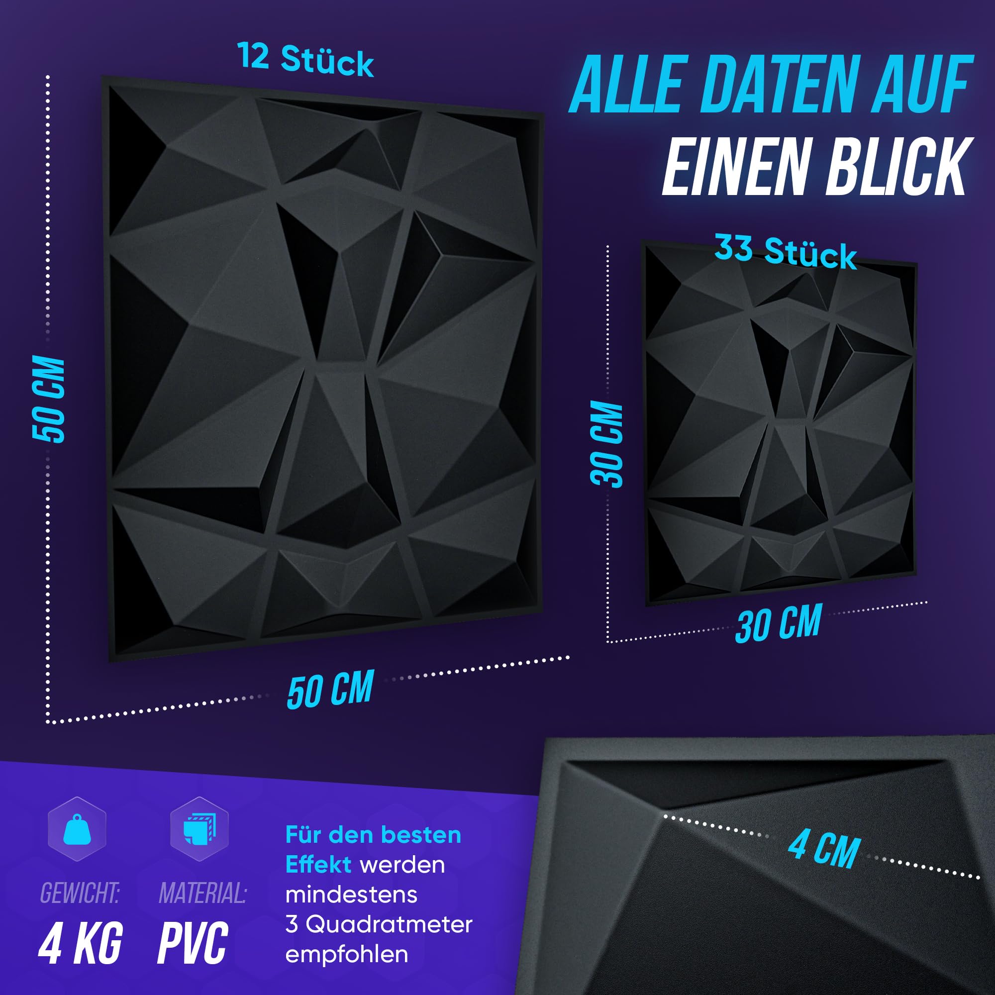 Pack of 33 plastic 3D wall panels, diamond design, 30 x 30 cm