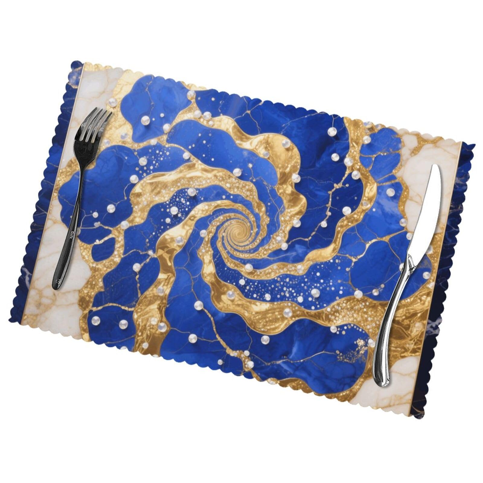 12x18 Inchplacemats Set of 6, Golden Blue Marble Place Mats for Kitchen Dinning, Heat Resistant Anti Slip Table Mats, Waterproof Washable Placemat for Indoor Outdoor Party Kitchen Dining Table Décor