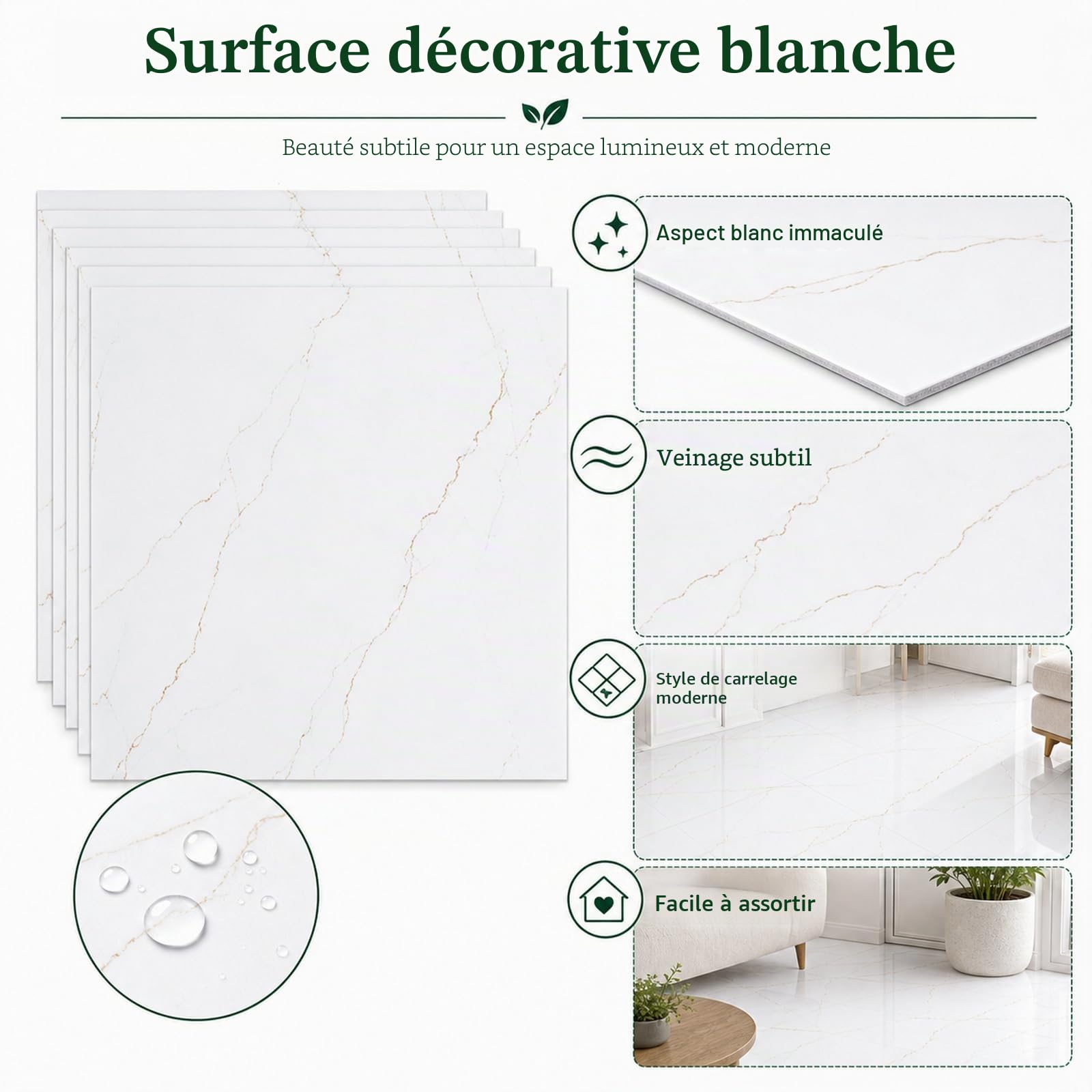 STARVAST Lot de 40 revêtements de sol en PVC - 30 x 30 cm - Blanc - Film de sol autocollant - Pour salon, salle de bain - 40 carreaux/3,6 m² - Marbre blanc