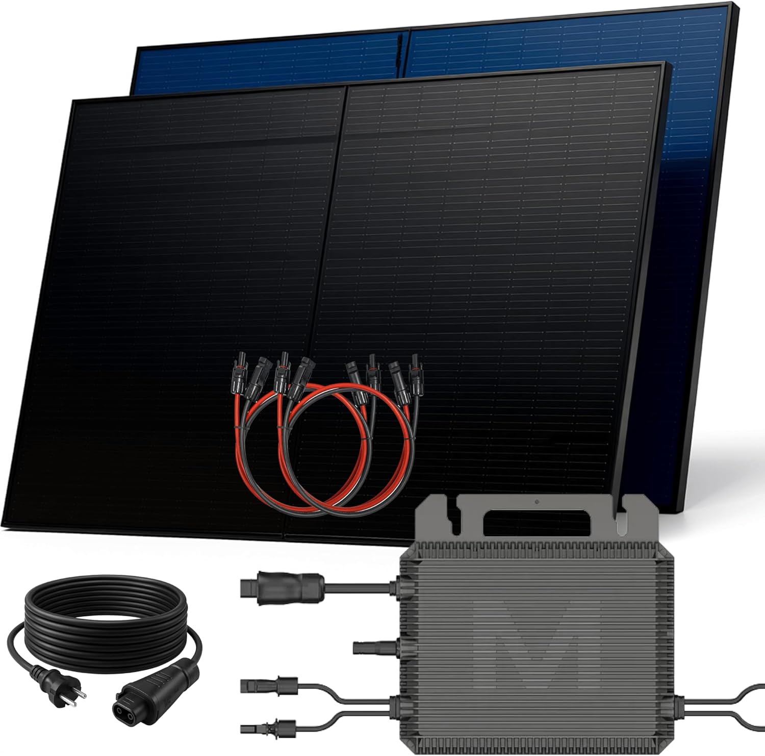 SUNNIVA® 1000W Balkonkraftwerk BIFAZIAL FULLBLACK komplett Steckdose MARSTEK 800 Watt Wechselrichter, Solaranlage Komplettset, 2X 500W N-Type Glas Bifacial Solarmodule, 5m Kabel, 4X 1m Solarkabel