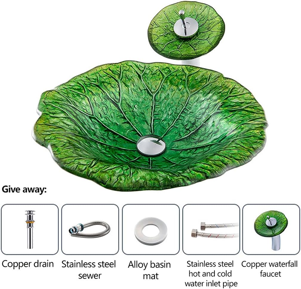 Modern Bathroom Oval Tempered Glass Sink Set with Waterfall Tap and Drain Tempered Glass Art Over Counter Sink Suitable for Hotels Restaurants Bathroom 18.5 Inches (Summer)