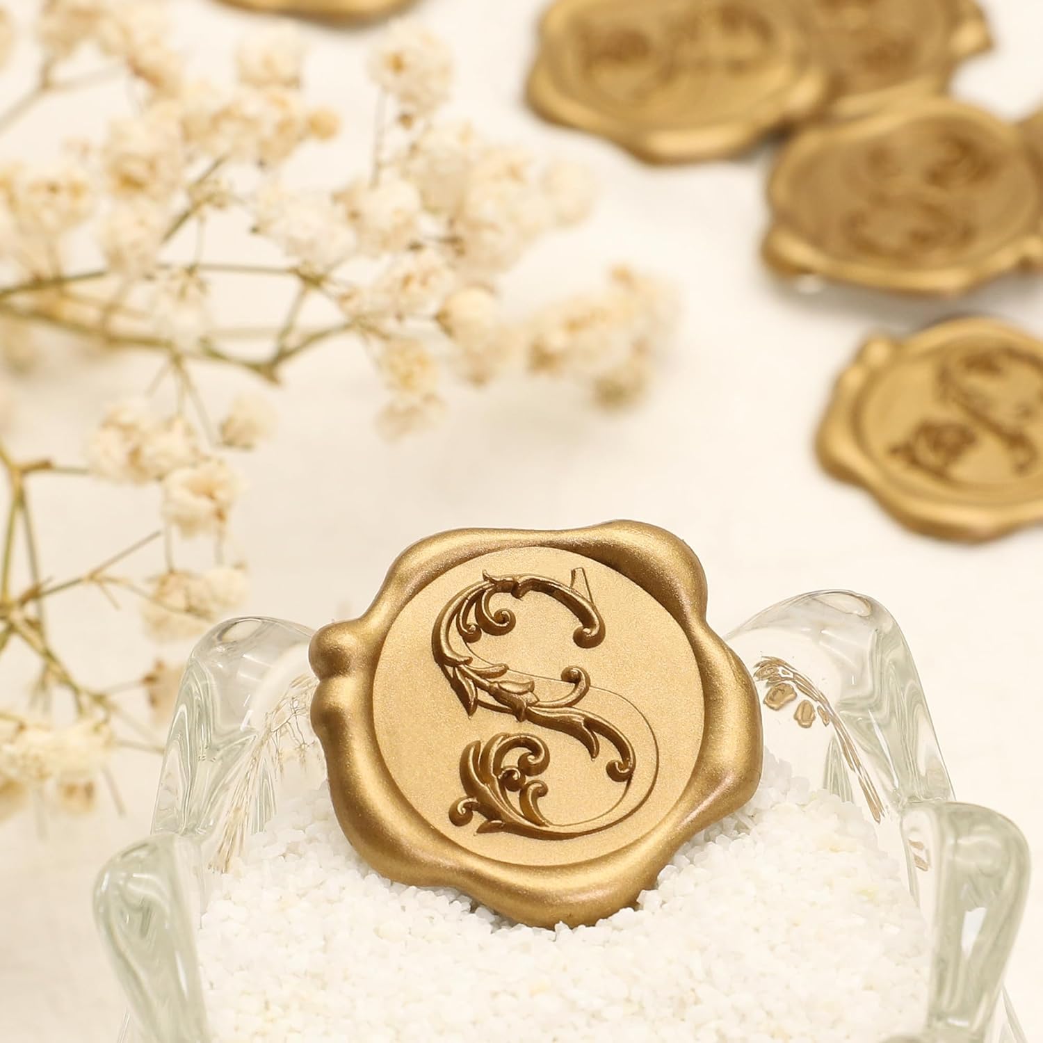 SWANGSA Initial Alphabet Wax Seal Stickers, 100 Pcs Antique Gold 3D Floral Letter S Envelope Seal Stickers Self- Adhesive, Perfect for Wedding Invitation, Christmas, Gift Wrapping