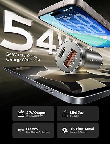 Miniatura 3 de LISEN Cargador de coche súper rápido para iPhone 16, adaptador de encendedor de cigarrillos de aleación de 54 W, doble puerto de 12 V, USB C,