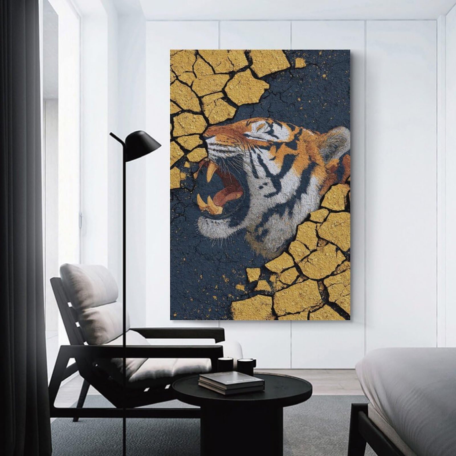 Junmoney Unframe-Style-24-1 Roaring Tiger Emerging From Cracked Surface Decorative Wall Artwork, 20X30inch(50X75cm), For Corridors, Hallways Or Apartment Entries, Home Artwork For First Impressions