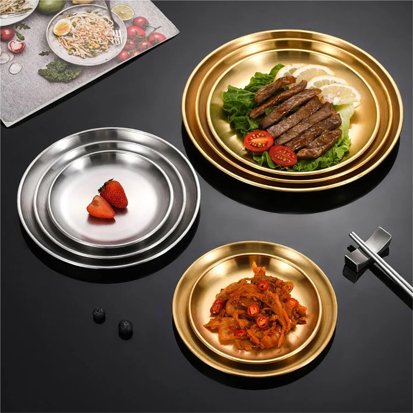 Bandeja de Servicio de Acero Inoxidable Juego De 6 Platos Acero Inoxidable For Pollo Frito, Barbacoa, Carne, Verduras, Frutas, Bandeja Almacenamiento For Fiestas(30cm Gold)
