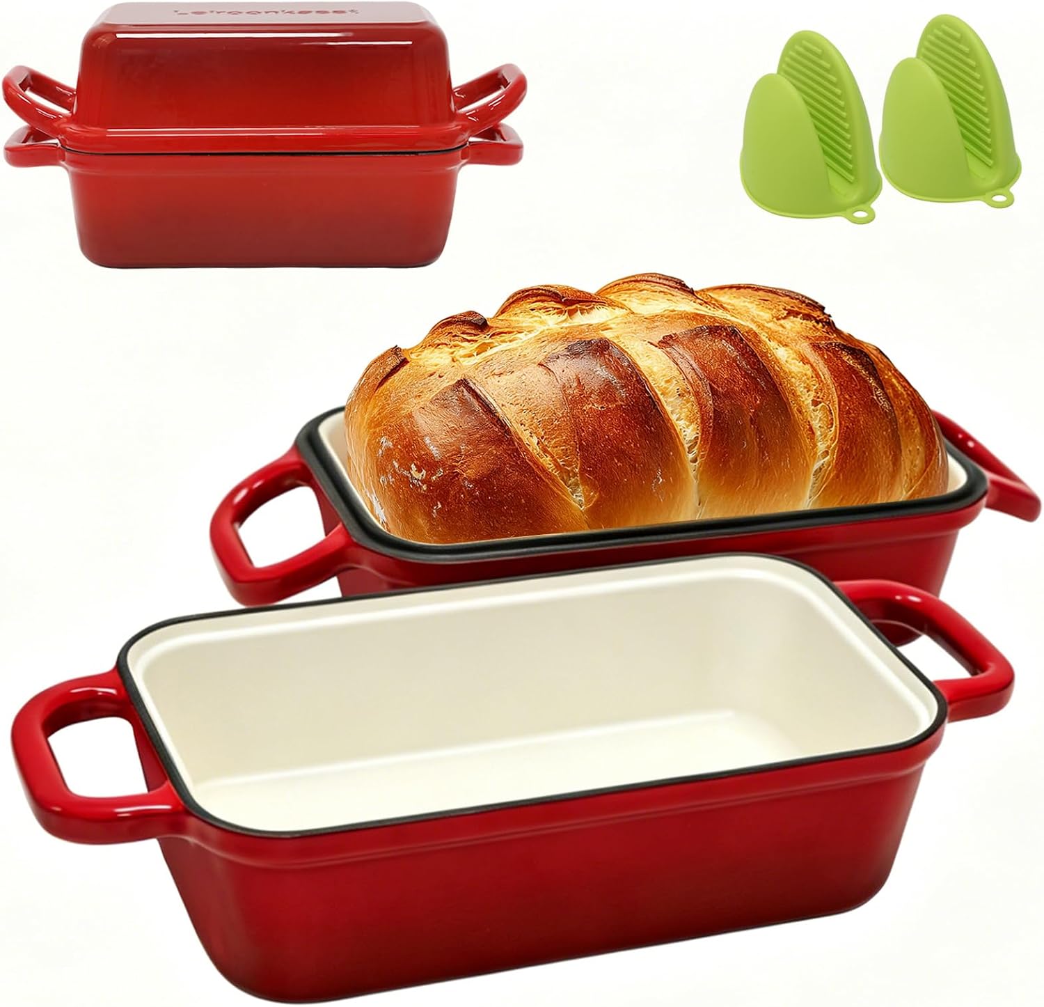 Enameled Cast Iron Bread Loaf Pan with Lid Inner 9x5 Inch Bread Pans Green
