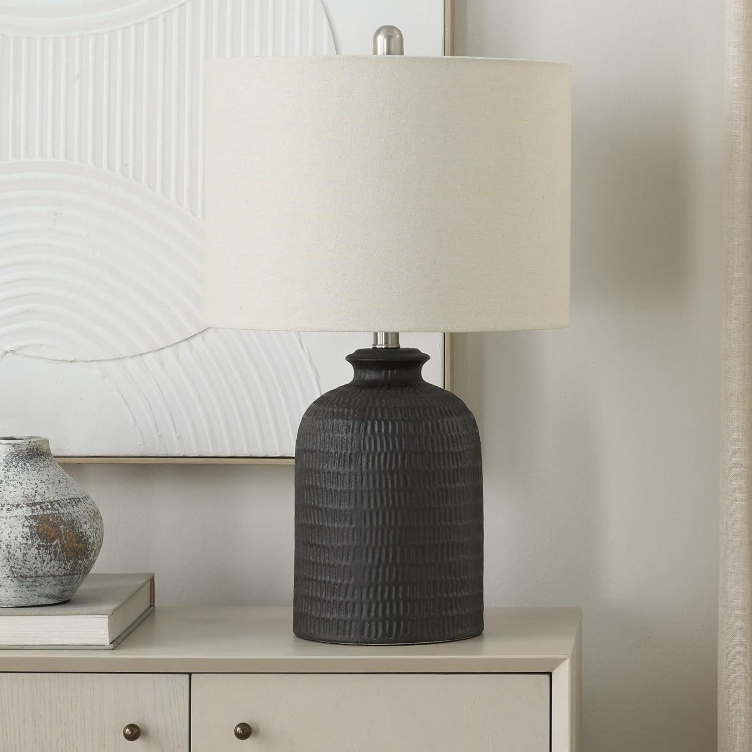 Nourison Home – Lámpara de mesa negra con textura de panal de abeja de 24 pulgadas para mesita de noche, sala de estar, comedor, entrada