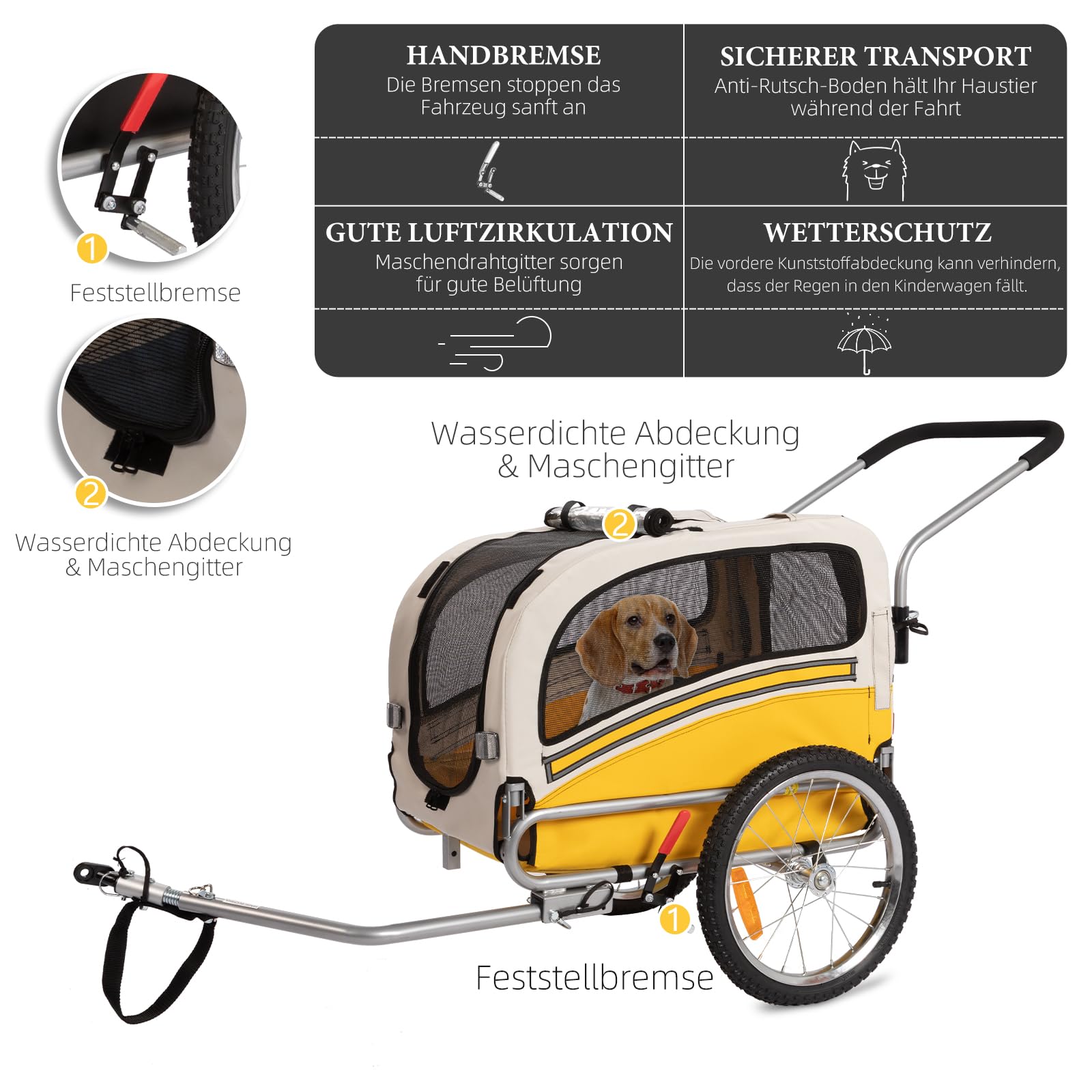 Hundeanhänger 2-in-1 für Fahrrad & Jogger – Transportwagen für Hunde bis 30 kg, faltbar, mit Bremsen, Signalwimpel, Outdoor & Heimgebrauch, leicht zu montieren